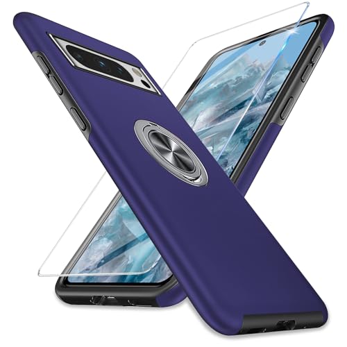 Vanki Handyhülle für Google Pixel 8 Pro Hülle mit Schutzfolie [Magnetisch Ring Ständer] Schutzhülle Case Stoßfest Folie für Google Pixel 8 Pro Robust Bumper Cover Outdoor (Blue) von Vanki