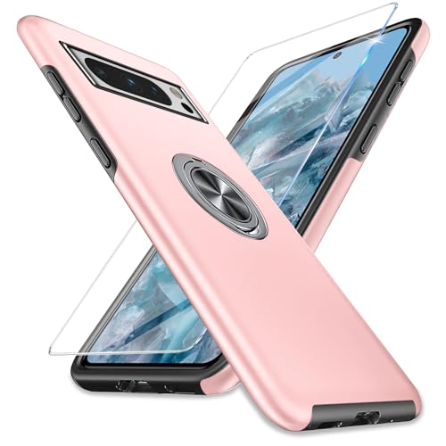Vanki Handyhülle für Google Pixel 8 Pro Hülle mit Schutzfolie [Magnetisch Ring Ständer] Schutzhülle Case Stoßfest Folie für Google Pixel 8 Pro Robust Bumper Cover Outdoor (Pink) von Vanki