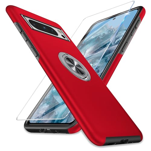 Vanki Handyhülle für Google Pixel 8 Pro Hülle mit Schutzfolie [Magnetisch Ring Ständer] Schutzhülle Case Stoßfest Folie für Google Pixel 8 Pro Robust Bumper Cover Outdoor (Red) von Vanki