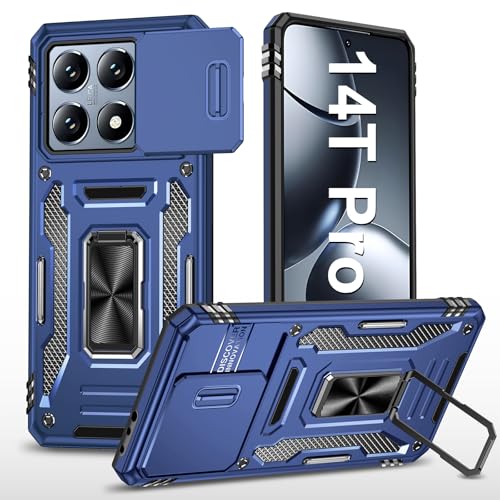 Vanki Handyhülle für Xiaomi 14T Pro Hülle mit Slide Camera mit Kameraschutz Xiaomi 14TPro Schutzhülle 360° Drehbarer Metall Ring Ständer Stoßfest für Xiaomi 14T Pro 5g (Drakblau) von Vanki
