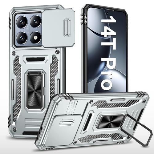 Vanki Handyhülle für Xiaomi 14T Pro Hülle mit Slide Camera mit Kameraschutz Xiaomi 14TPro Schutzhülle 360° Drehbarer Metall Ring Ständer Stoßfest für Xiaomi 14T Pro 5g (Grau) von Vanki