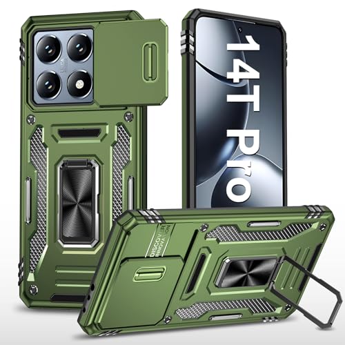 Vanki Handyhülle für Xiaomi 14T Pro Hülle mit Slide Camera mit Kameraschutz Xiaomi 14TPro Schutzhülle 360° Drehbarer Metall Ring Ständer Stoßfest für Xiaomi 14T Pro 5g (Olivgrün) von Vanki