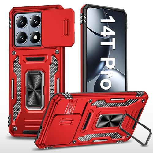 Vanki Handyhülle für Xiaomi 14T Pro Hülle mit Slide Camera mit Kameraschutz Xiaomi 14TPro Schutzhülle 360° Drehbarer Metall Ring Ständer Stoßfest für Xiaomi 14T Pro 5g (Rot) von Vanki