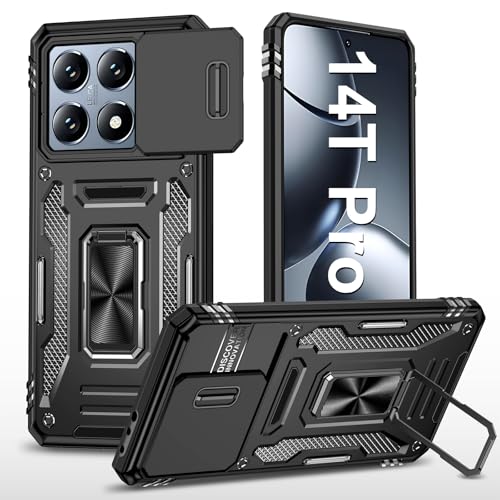 Vanki Handyhülle für Xiaomi 14T Pro Hülle mit Slide Camera mit Kameraschutz Xiaomi 14TPro Schutzhülle 360° Drehbarer Metall Ring Ständer Stoßfest für Xiaomi 14T Pro 5g (Schwarz) von Vanki