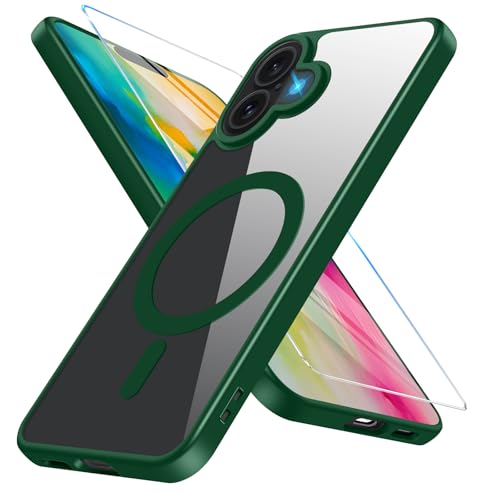 Vanki für iPhone 16 Hülle Magnetisch mit iPhone 16 Schutzfolie [Mit Magsafe] Handyhülle iPhone 16 Hülle Dünn Transparent Stoßfest Schutzhülle Case für iPhone 16 5G Hülle (Grün) von Vanki