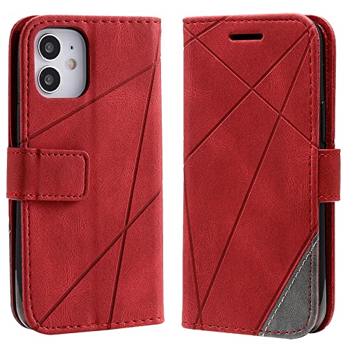 Vankii Kompatibel mit iPhone 12 Mini Hülle (5,4 Zoll), Flip Wallet Handyhülle PU Leder Brieftasche Tasche Case Stoßfeste Schutzhülle [Kartenschlitzen] [Magnetverschluss] [Standfunktion] (Rot) von Vankii