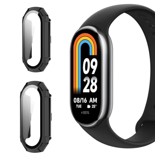 Vanrain 2 Stück Hülle für Xiaomi Mi Band 8, mit Displayschutzfolie Glas, 360° Rundum PC Case Bumper Vollständige Abdeckung Schutzhülle, Schutz Hülle Gehäuse, Schwarz von Vanrain