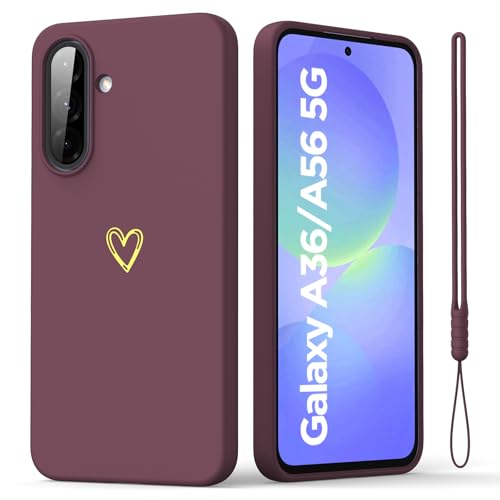 Vansdon für Samsung Galaxy A56/A36 5G Hülle, Liquid Silikon Herz Handyhülle mit 1x Handgelenkband, rutschfeste Schutzhülle mit weicher Herz-Design für Mädchen und Frauen-Weinrot von Vansdon