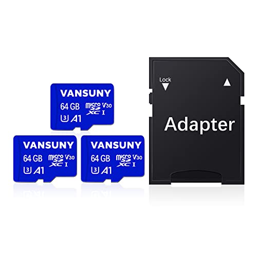 Vansuny Micro-SD-Karte, 64 GB, 3 Stück, microSDXC-Speicherkarte mit SD-Adapter, A1, App-Performance, V30, 4K-Videoaufnahme, C10, U3, Micro-SD, für Telefon, Sicherheitskamera, Dashcam, Action-Kamera von Vansuny