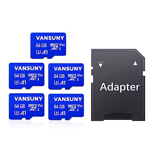 Vansuny Micro-SD-Karte, 64 GB, 5 Stück, microSDXC-Speicherkarte mit SD-Adapter, A1, App-Performance, V30, 4K-Videoaufnahme, C10, U3, Micro-SD, für Telefon, Sicherheitskamera, Dashcam, Action-Kamera von Vansuny