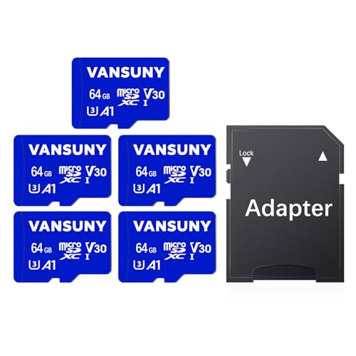 Vansuny Micro SD Karte 64GB 5Stück Speicherkarte Micro SD 64GB 5er Pack mit SD Adapter Bis zu 90 MB/s Lesegeschwindigkeit (UHS-I, U3, A1, V30, C10, 4K UHD microSDXC) von Vansuny