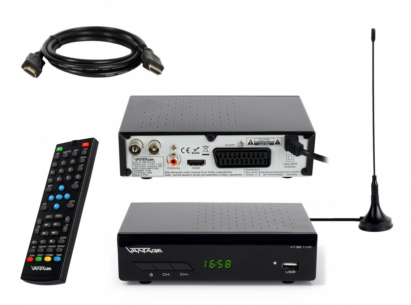 Vantage VT-92, Full HD DVB-T2 HD Receiver (2m HDMI Kabel, aktive DVB-T2 Antenne) von Vantage