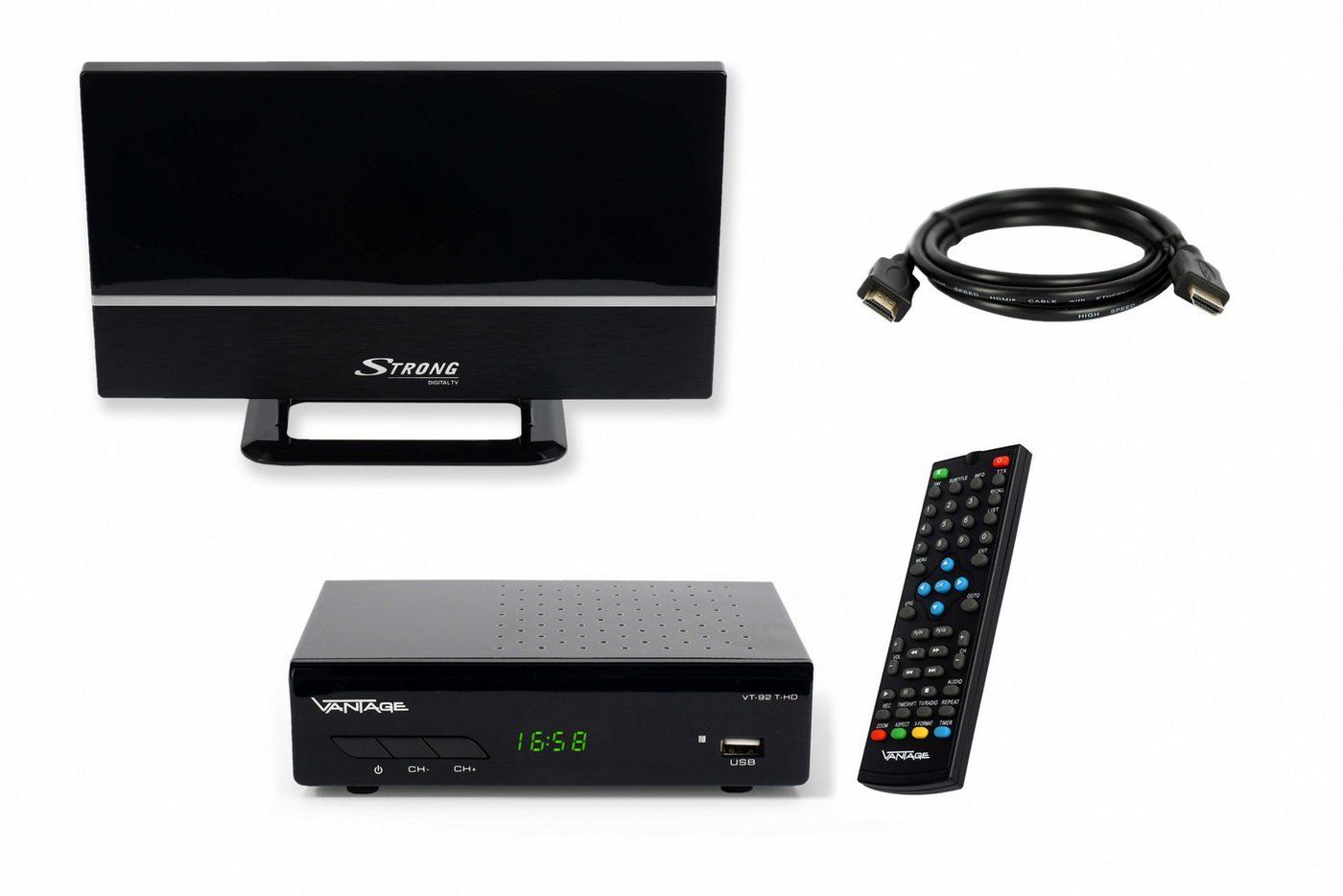 Vantage VT-92, Full HD DVB-T2 HD Receiver (2m HDMI Kabel, passive DVB-T2 Antenne) von Vantage
