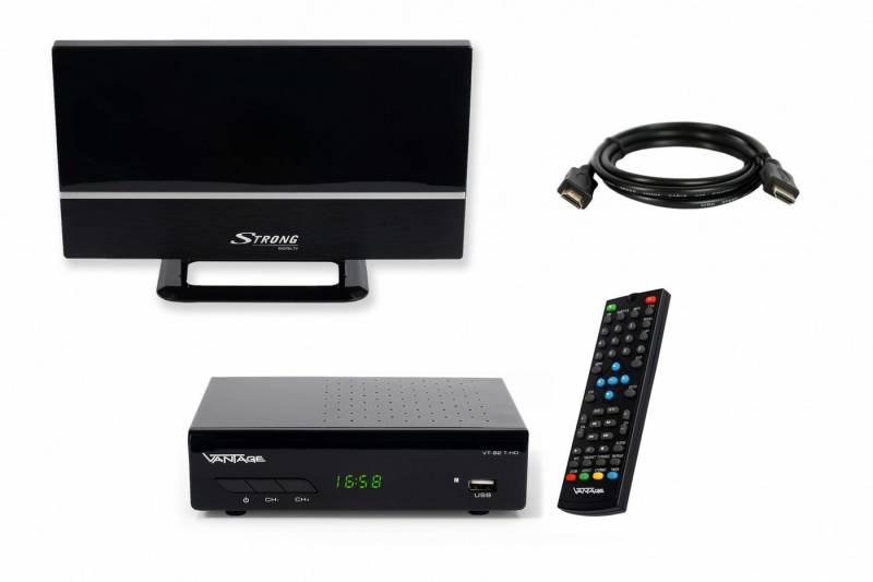Vantage VT-92, Full HD DVB-T2 HD Receiver (2m HDMI Kabel, passive DVB-T2 Antenne) von Vantage