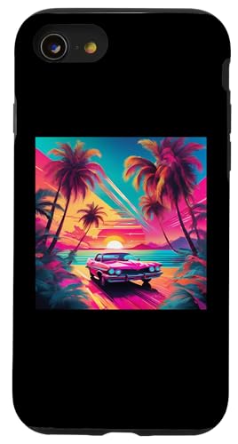 Retro 1990er Vaporwave Palm Tree Beach Sunset, 1980's Beach Hülle für iPhone SE (2020) / 7 / 8 von Vaporwaves and Cool Dayz Garb