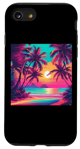 Retro 1990er Vaporwave Palm Tree Beach Sunset, 1980's Beach Hülle für iPhone SE (2020) / 7 / 8 von Vaporwaves and Cool Dayz Garb