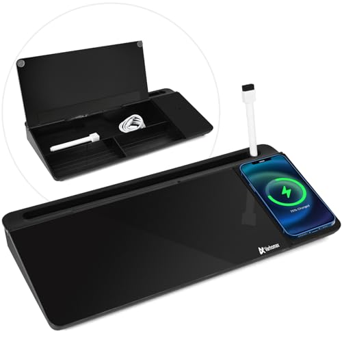 Varhomax Glas-Schreibtisch-Whiteboard mit kabellosem Ladegerät, trocken abwischbar, Whiteboard mit Aufbewahrung, To-Do-Liste, Notizblock für Zuhause und Büro, Schwarz von Varhomax