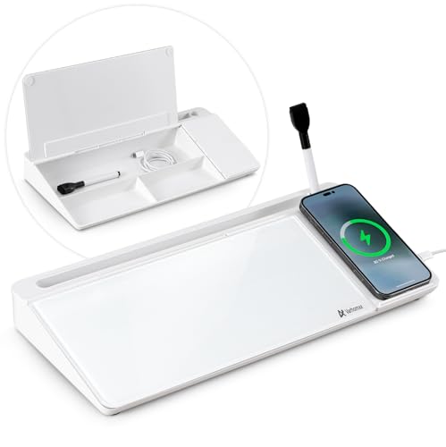 Varhomax Glas-Schreibtisch-Whiteboard mit kabellosem Ladegerät, trocken abwischbare Whiteboard mit Aufbewahrung, To-Do-Liste, Notizblock für Zuhause und Büro von Varhomax