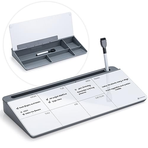 Varhomax Schreibtisch Organizer, Desktop Whiteboard Wochenplaner Glas Grau Mit Aufbewahrung Abwischbar, To Do Liste, Notizblock und Tastaturständer für Homeoffice, Büro und Schulbedarf von Varhomax