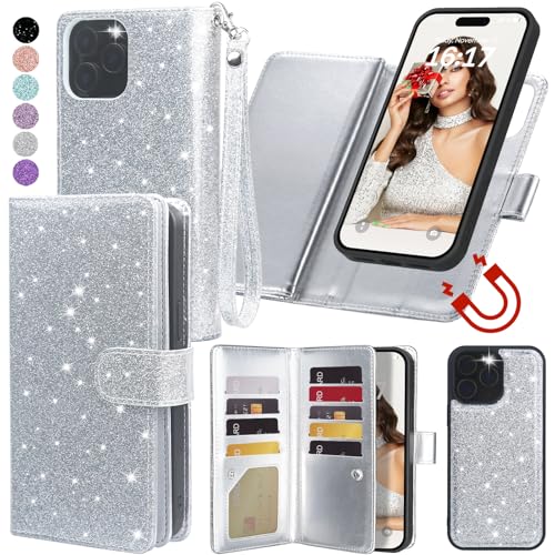 Varikke Kompatibel mit iPhone 15 Pro Max Hülle, Brieftasche, abnehmbare magnetische Klapphülle mit Kartenhalter, Kickstand, Handschlaufe, Glitzer-PU-Lederhülle, für Damen und Herren, 17 cm (6,7 Zoll), von Varikke