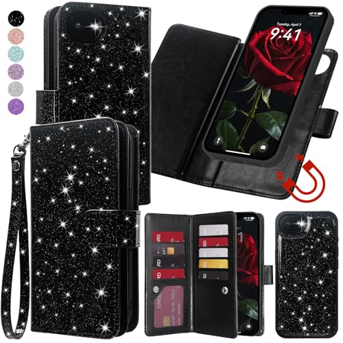 Varikke Schutzhülle für iPhone 16e, abnehmbar, mit Kartenhalter, für Damen und Mädchen, modisch, Glitzer, PU-Leder, Handschlaufe, starker Magnetverschluss, abnehmbare Handyhülle, Schwarz von Varikke
