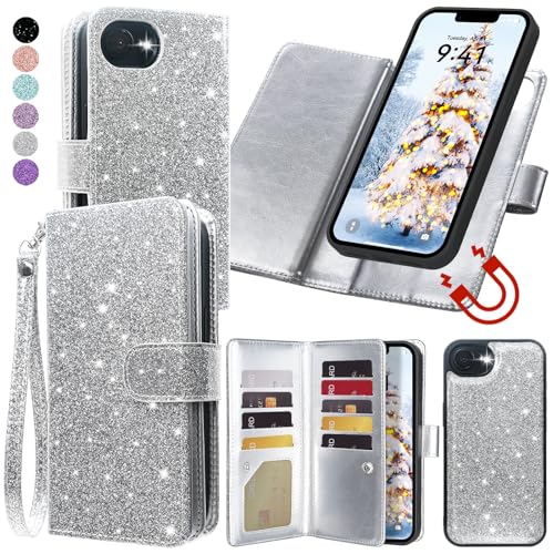 Varikke Schutzhülle für iPhone 16e, abnehmbar, mit Kartenhalter, für Damen und Mädchen, modische Glitzer-PU-Leder-Handschlaufe, starke magnetische Klappbrieftasche, abnehmbare Handyhülle für iPhone von Varikke