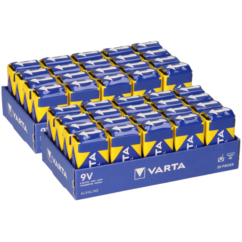 40 x 9V Block Varta Batterie Industrial 4022 - 6LR61 - lose E-Block 2x 20 Stück von Varta