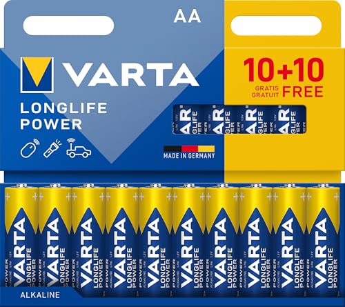 VARTA Batterien AA, 20 Stück, Longlife Power, Alkaline, 1,5V, ideal für Spielzeug, Funkmaus, Taschenlampen, plastikfreie Verpackung, Made in Germany von Varta
