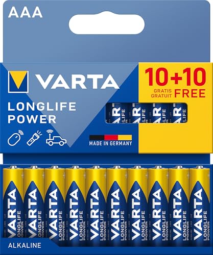 VARTA Batterien AAA, 10+10 (20 Stück), Longlife Power, Alkaline, 1,5V, ideal für Spielzeug, Funkmaus, Taschenlampen, Verpackung zu 90% recycelt, Made in Germany von Varta