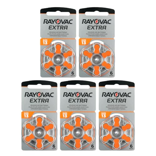 Rayovac Extra Advanced Zink Luft Hörgerätebatterie (in der Größe 13er Pack, mit 30 Batterien, geeignet für Hörgeräte Hörhilfen Hörverstärker) orange von VARTA