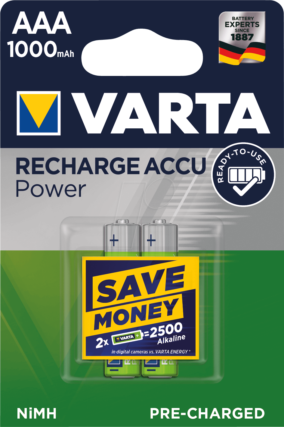 VAR R2U 2X1000 - NiMh Akku, AAA (Micro), 1000 mAh, 2er-Pack von Varta