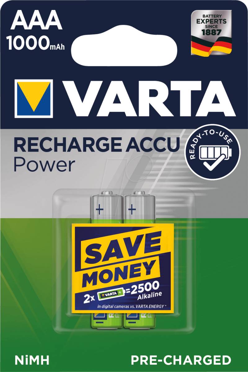 VAR R2U 2X1000 - NiMh Akku, AAA (Micro), 1000 mAh, 2er-Pack von Varta