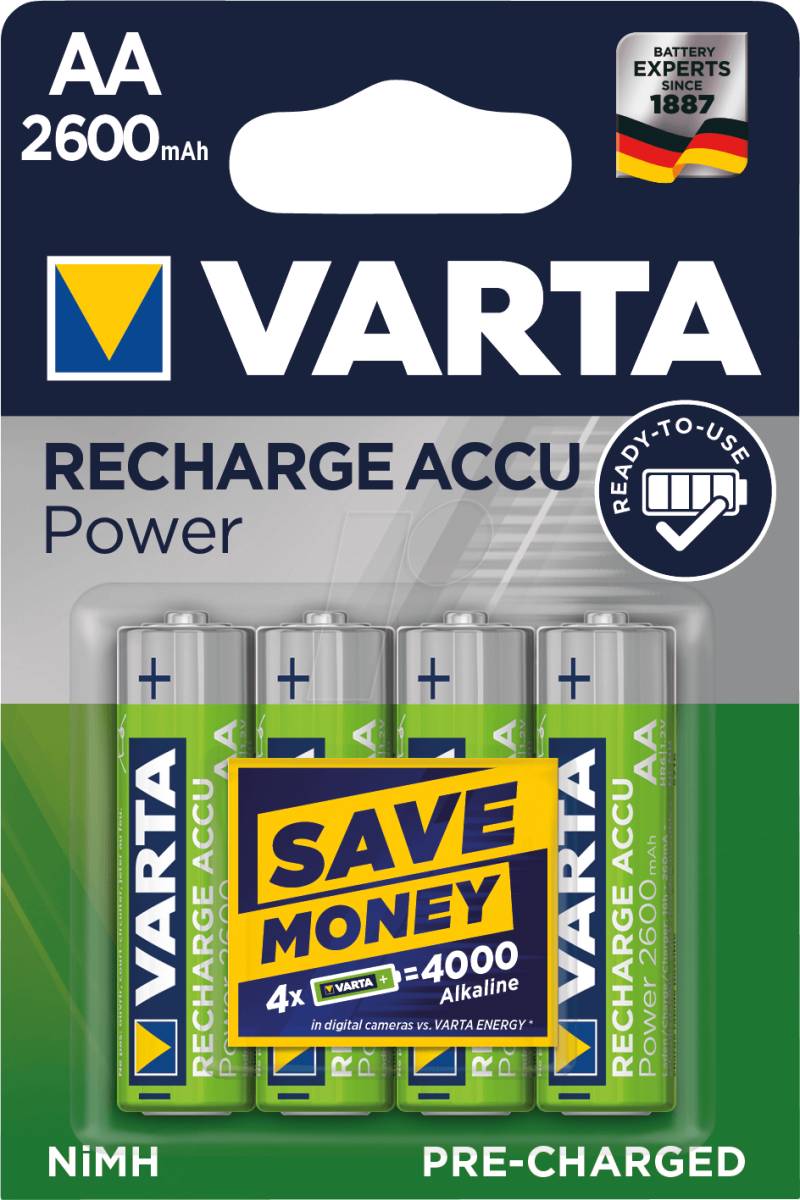 VAR R2U 4X2600 - NiMh Akku, AA (Mignon), 2600 mAh, 4er-Pack von Varta
