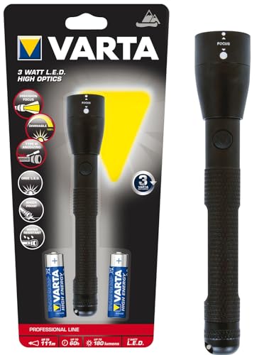 VARTA 3 Watt LED High Optics F20 Taschenlampe inkl. 2x Longlife Power AA Batterien (Flashlight Leuchte, Arbeitsleuchte, Taschenleuchte, kratzfestes und spritzwassergeschütztes Gehäuse) von Varta
