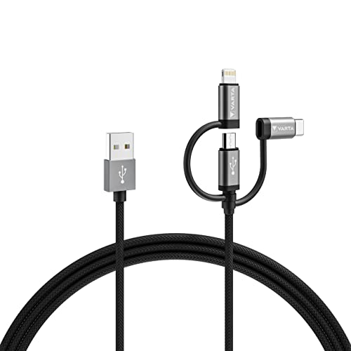 VARTA 3in1 Kabel USB A auf Micro USB, USB Type C, Lightning, Speed Charge & Sync, MFi, Ladekabel für Strom- und Datenübertragung, 2m, schwarz, Nylon von Varta