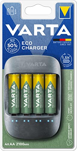 VARTA Akku Ladegerät, inkl. 4X AA 2100mAh, Batterieladegerät für wiederaufladbare AA/AAA, Eco Charger, Einzelschachtladung, Gehäuse zu 50% aus Biokunststoff von Varta