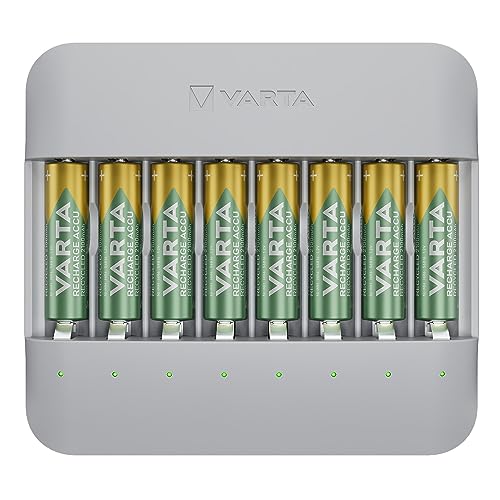 VARTA Akku Ladegerät, inkl. 8x AA 2100mAh, Batterieladegerät für wiederaufladbare AA/AAA Batterien, bis zu 8 Akku, Eco Charger Pro Multi, Einzelschachtladung, Gehäuse aus 75% recyceltem Material von Varta