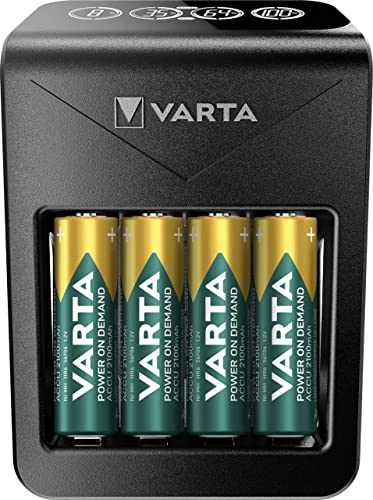 VARTA Akku Ladegerät inkl. 4X AA 2100mAh Akku, Batterieladegerät für AA/AAA/9V & USB Geräte, Power on Demand LCD Charger+, Einzelschachtladung [Exklusiv bei Amazon] von Varta