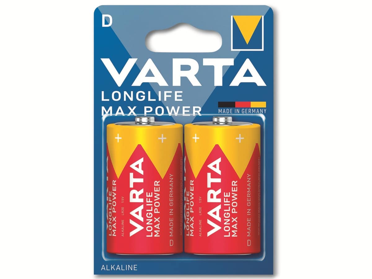 VARTA Batterie Alkaline, Mono, D, LR20, 1.5V, Longlife Max Power, 2 Stück VARTA Batterie Alkaline, Mono, D, LR20, 1.5V, Longlife Max Power, 2 Stück von Varta