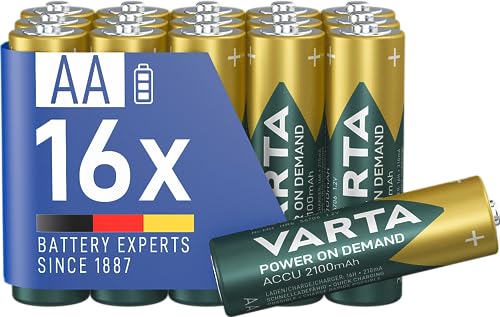 VARTA Batterien AA, wiederaufladbar, 16 Stück, Akku, Power on Demand, 2100 mAh Ni-MH, vorgeladen, sofort einsatzbereit [Exklusiv bei Amazon] von Varta