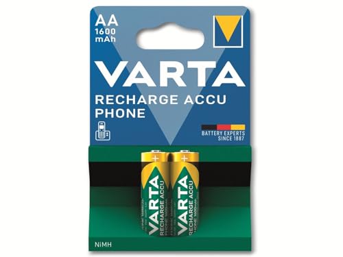 VARTA Batterien AA, wiederaufladbar, 2 Stück, Recharge Accu Phone, Akku, 1600 mAh Ni-MH, sofort einsatzbereit, geeignet für schnurlose Telefone von Varta