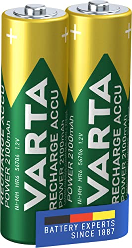 VARTA Batterien AA, wiederaufladbar, 2 Stück, Recharge Accu Power, Akku, 2100 mAh Ni-MH, ohne Memory Effekt, vorgeladen, sofort einsatzbereit von Varta