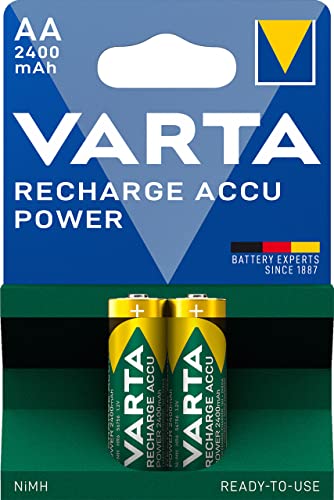 VARTA Batterien AA, wiederaufladbar, 2 Stück, Recharge Accu Power, Akku, 2400 mAh Ni-MH, ohne Memory Effekt, vorgeladen, sofort einsatzbereit von Varta