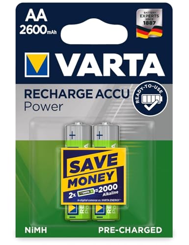 VARTA Batterien AA, wiederaufladbar, 2 Stück, Recharge Accu Power, Akku, 2600 mAh Ni-MH, ohne Memory Effekt, vorgeladen, sofort einsatzbereit von Varta