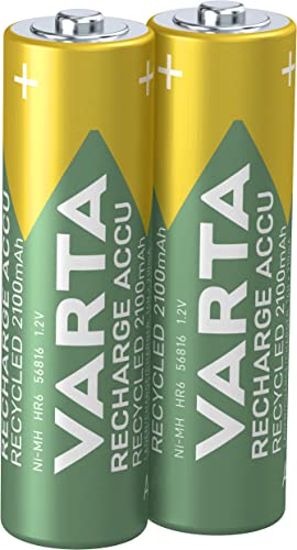 VARTA Batterien AA, wiederaufladbar, 2 Stück, Recharge Accu Recycled, Akku, 2100 mAh Ni-MH, aus 21% recyceltem Material, vorgeladen, sofort einsatzbereit von Varta