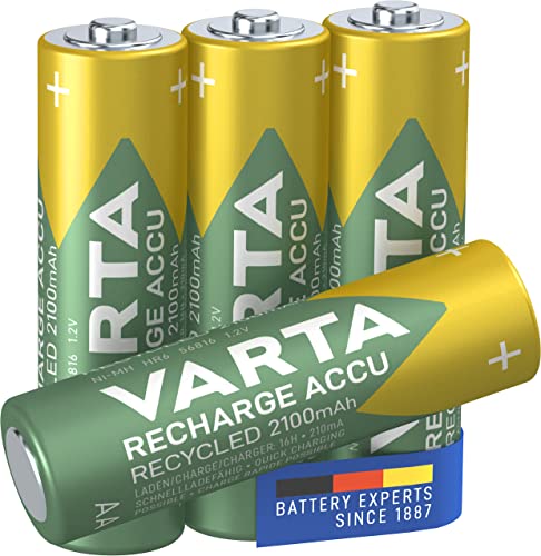 VARTA Batterien AA, wiederaufladbar, 4 Stück, Recharge Accu Recycled, Akku, 2100 mAh Ni-MH, aus 21% recyceltem Material, vorgeladen, sofort einsatzbereit von Varta
