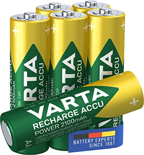 VARTA Batterien AA, wiederaufladbar, 6 Stück, Recharge Accu Power, Akku, 2100 mAh Ni-Mh, ohne Memory Effekt, vorgeladen, sofort einsatzbereit von Varta