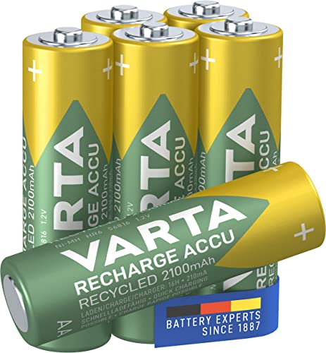 VARTA Batterien AA, wiederaufladbar, 6 Stück, Recharge Accu Recycled, Akku, 2100 mAh Ni-Mh, aus 21% recyceltem Material, vorgeladen, sofort einsatzbereit von Varta