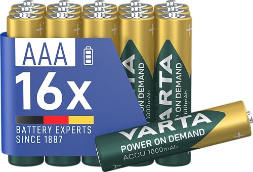 VARTA Batterien AAA, wiederaufladbar, 16 Stück, Akku, Power on Demand, 1000 mAh Ni-MH, vorgeladen, sofort einsatzbereit [Exklusiv bei Amazon] von Varta