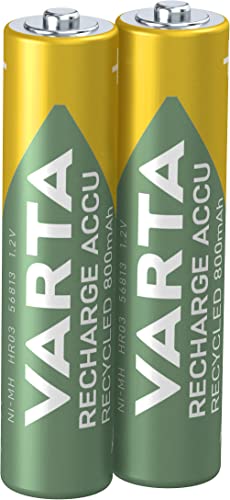 VARTA Batterien AAA, wiederaufladbar, 2 Stück, Recharge Accu Recycled, Akku, 800 mAh Ni-MH, aus 21% recyceltem Material, vorgeladen, sofort einsatzbereit von Varta